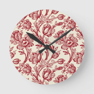 Red and Cream Tulips Toile de Jouy Trivet Round Clock