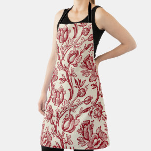 Red and Cream Tulips Toile - French Country Decor Apron