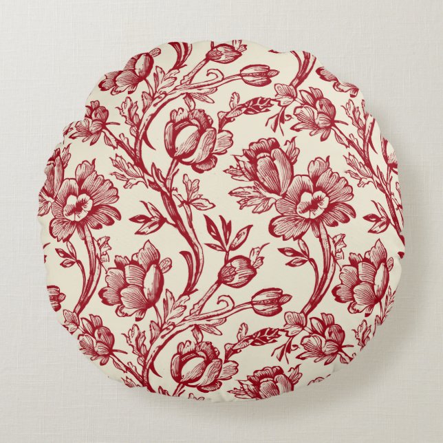 Red and Cream Tulips Toile - French Country Decor Round Cushion (Front)
