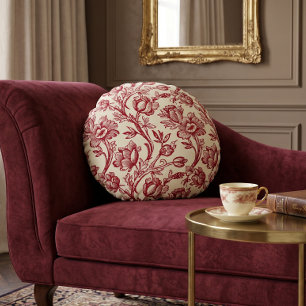 Red and Cream Tulips Toile - French Country Decor Round Cushion