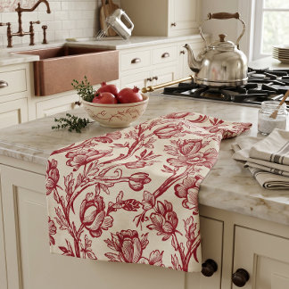 Red and Cream Tulips Toile - French Country Decor Tea Towel