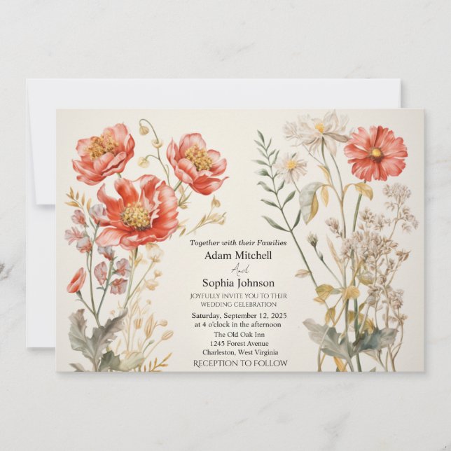 Red and Creme Floral  Invitation (Front)