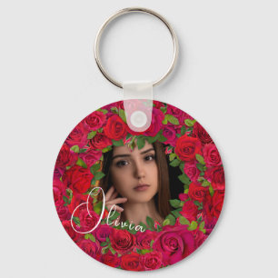 Red And Dark Pink Rose Romantic Photo Frame Key Ring