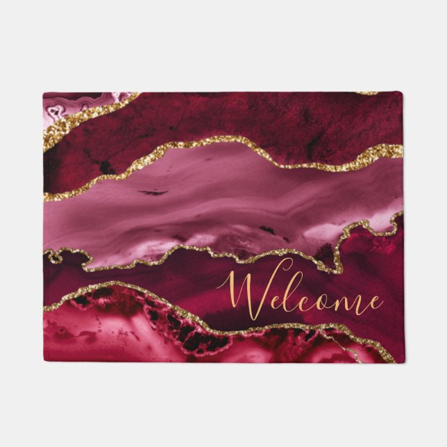 Red and Faux Gold Glitter Marble Agate Doormat (Front)