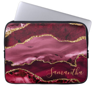 Red and Faux Gold Glitter Marble Agate Laptop Sleeve