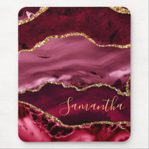 Red and Faux Gold Glitter Marble Agate Mouse Pad