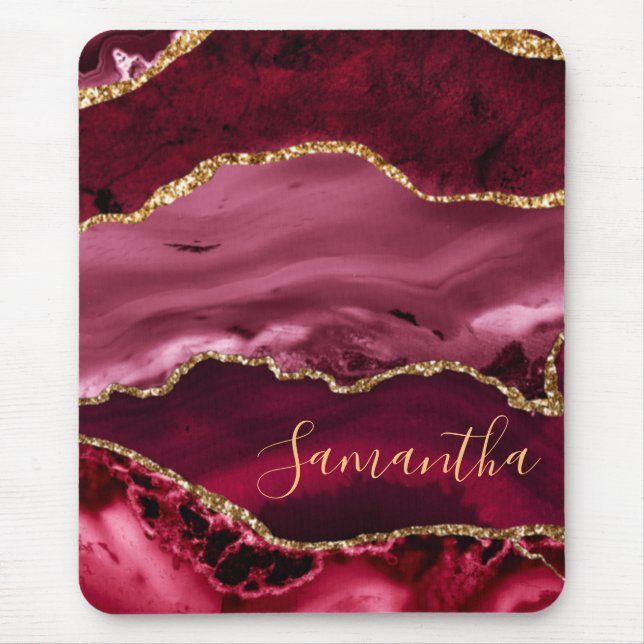Red and Faux Gold Glitter Marble Agate Mouse Pad (Front)