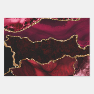 Red and Faux Gold Glitter Marble Agate Wrapping Paper Sheet
