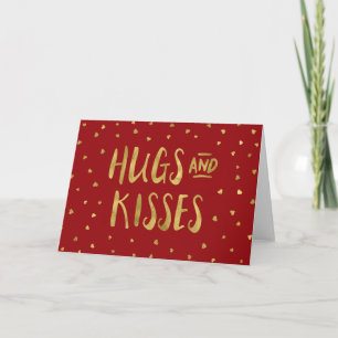 Red and Faux Gold Hugs & Kisses Hearts Valentine Holiday Card