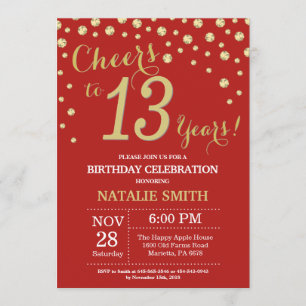 Red and Gold 13th Birthday Diamond Invitation