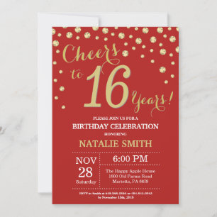 Red and Gold 16th Birthday Diamond Invitation
