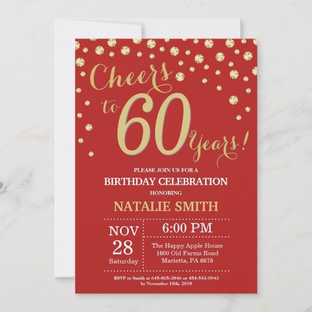 Red and Gold 60th Birthday Diamond Invitation (Front)