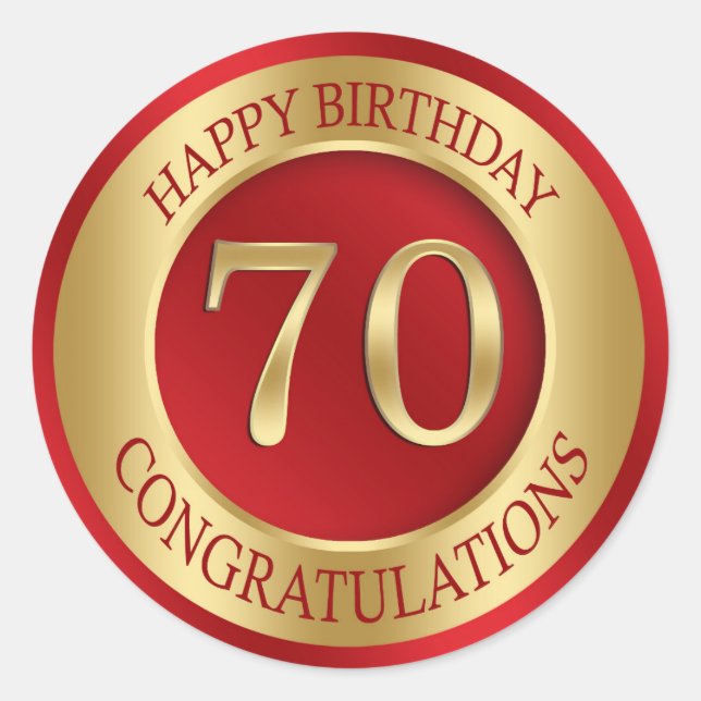 Red and gold 70th Birthday Classic Round Sticker (Front)