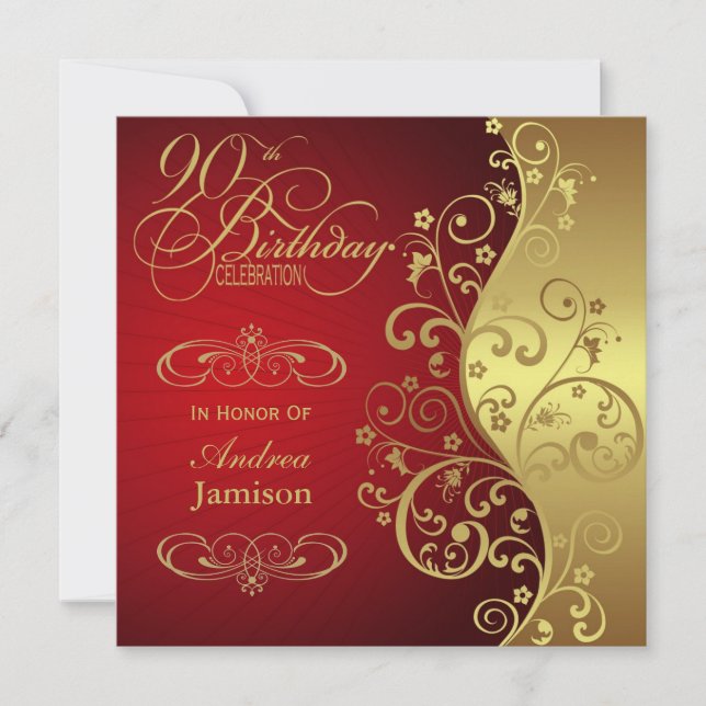 Red and Gold 90th Birthday Party Invitation (Front)