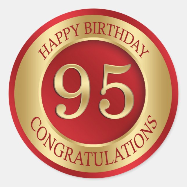 Red and gold 95th Birthday Classic Round Sticker (Front)