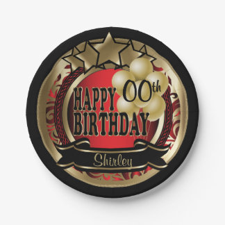 Red and Gold Abstract 00th Birthday Star Paper Plate