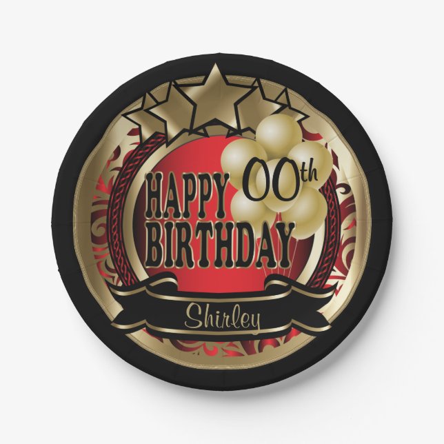 Red and Gold Abstract 00th Birthday Star Paper Plate (Front)