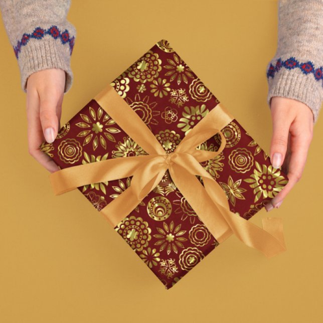 Red And Gold Abstract Christmas Snowflakes 2 Wrapping Paper (Creator Uploaded)