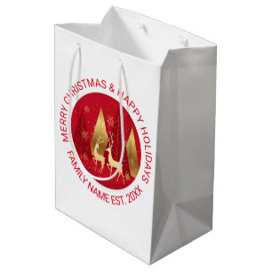 Red and Gold Abstract Christmas trees and Deer Medium Gift Bag