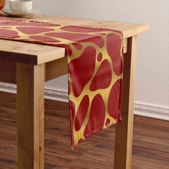 Red and gold abstract giraffe pattern short table runner (In Situ)