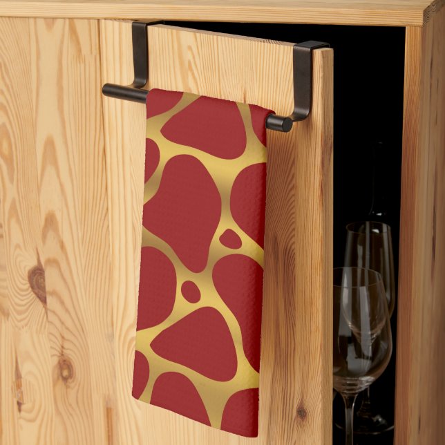 Red and gold abstract giraffe pattern tea towel (Thirds Fold)