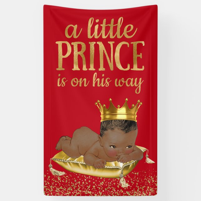 Red and Gold African American Prince Baby Shower Banner (Vertical)
