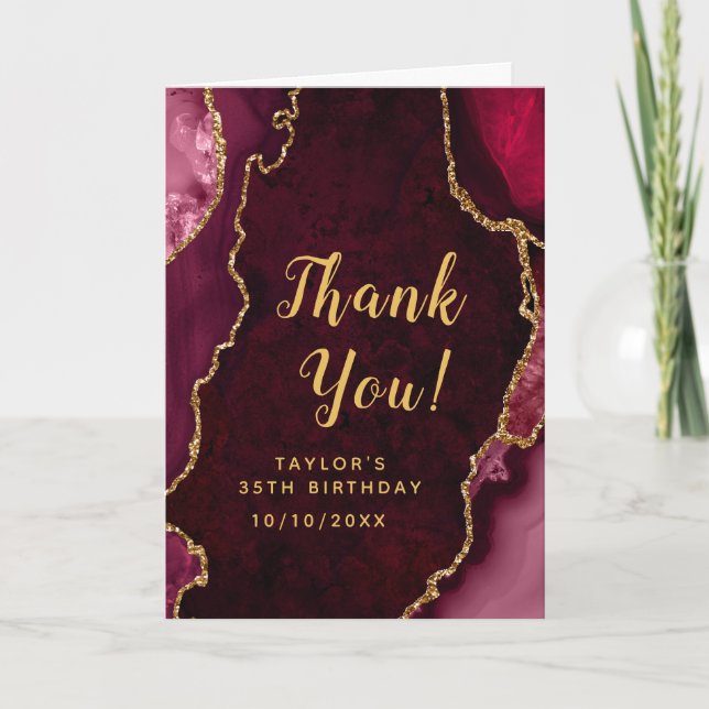 Red and Gold Agate Birthday Thank You Card (Front)