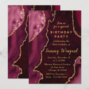 Red and Gold Agate Marble 50th Birthday Party Invitation