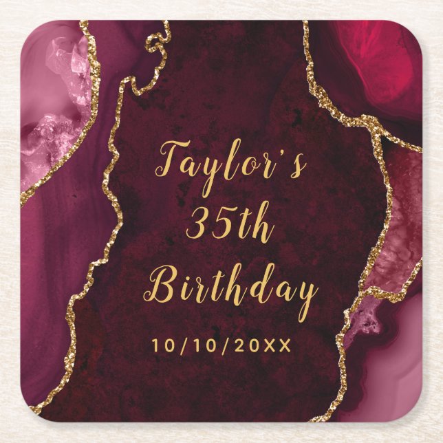 Red and Gold Agate Marble Birthday Square Paper Coaster (Front)