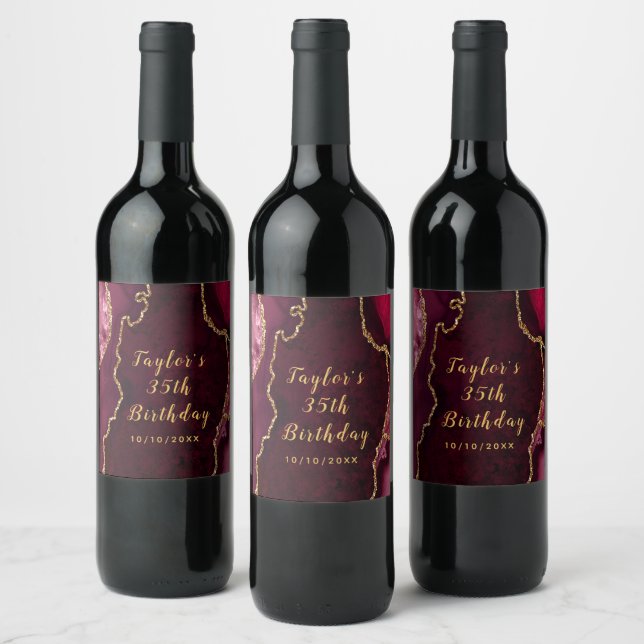 Red and Gold Agate Marble Birthday Wine Label (Bottles)