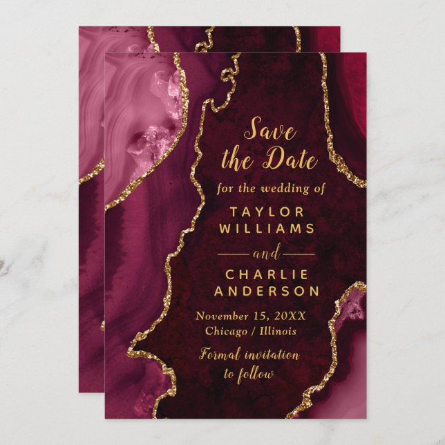 Red and Gold Agate Marble Save The Date Invitation (Front/Back)