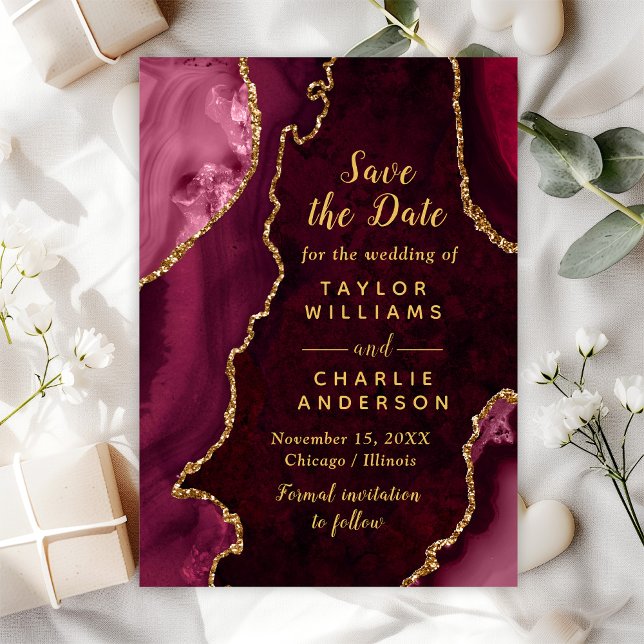 Red and Gold Agate Marble Save The Date Invitation (Creator Uploaded)