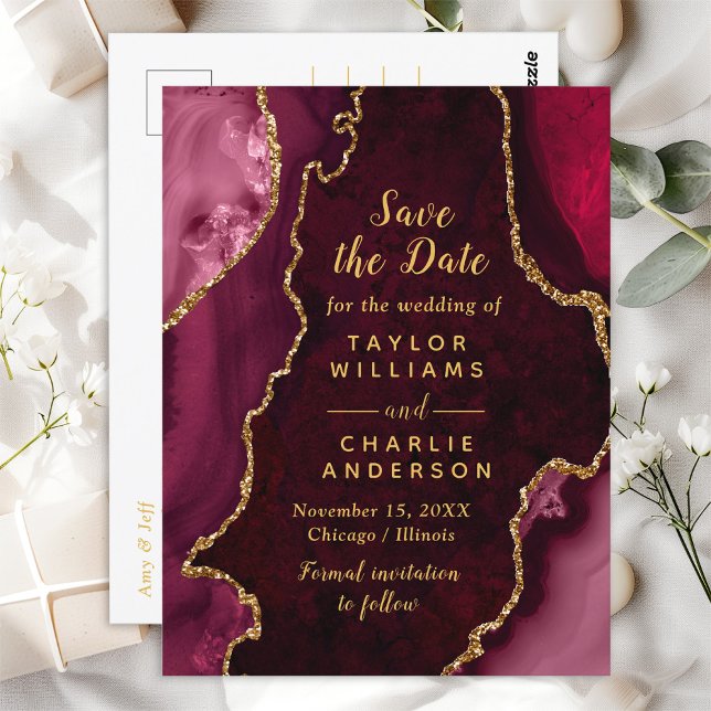 Red and Gold Agate Marble Save The Date Postcard (Creator Uploaded)