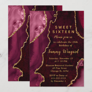 Red and Gold Agate Marble Sweet Sixteen Invitation