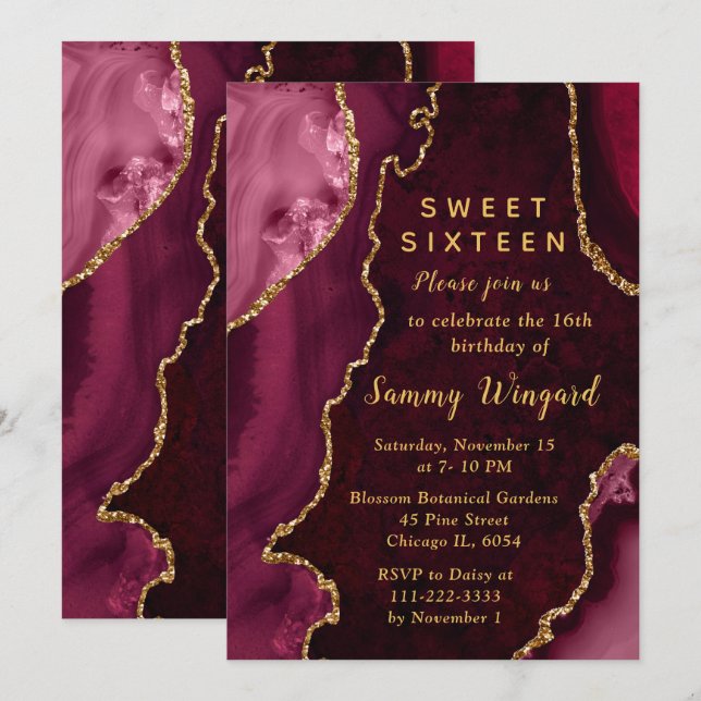 Red and Gold Agate Marble Sweet Sixteen Invitation (Front/Back)