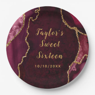 Red and Gold Agate Marble Sweet Sixteen Paper Plate