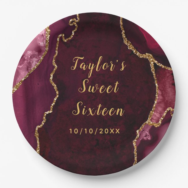 Red and Gold Agate Marble Sweet Sixteen Paper Plate (Front)