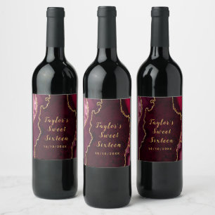 Red and Gold Agate Marble Sweet Sixteen Wine Label