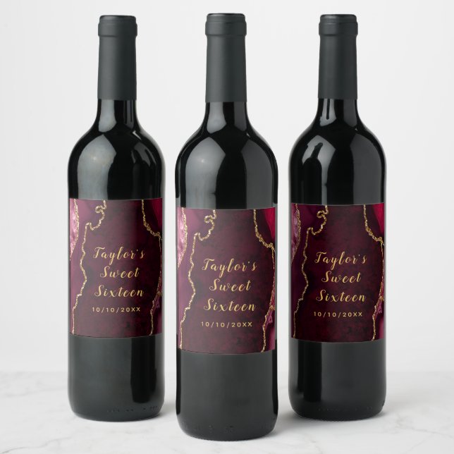 Red and Gold Agate Marble Sweet Sixteen Wine Label (Bottles)