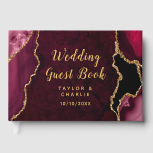 Red and Gold Agate Marble Wedding Guest Book