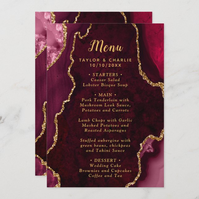 Red and Gold Agate Marble Wedding Menu (Front/Back)