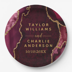 Red and Gold Agate Marble Wedding Paper Plate