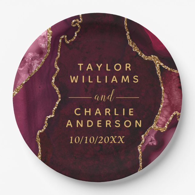 Red and Gold Agate Marble Wedding Paper Plate (Front)