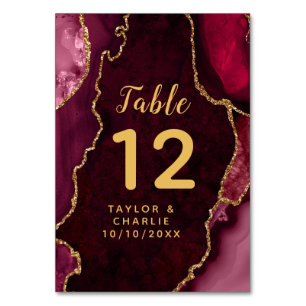 Red and Gold Agate Marble Wedding Table Number