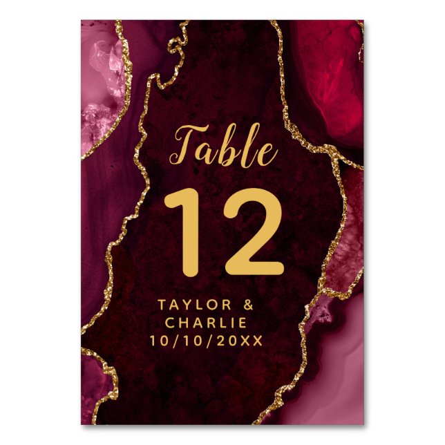 Red and Gold Agate Marble Wedding Table Number (Front)