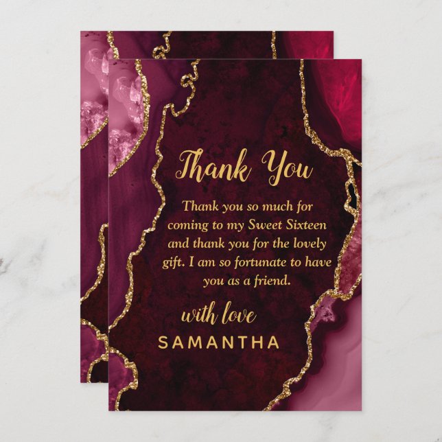 Red and Gold Agate Sweet Sixteen Thank You Card (Front/Back)