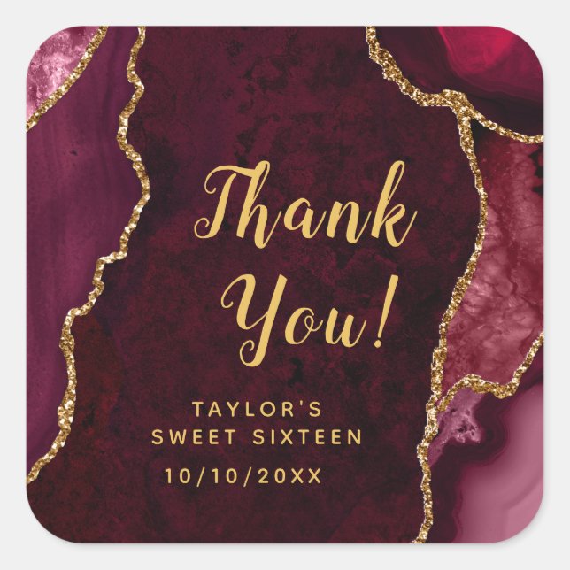 Red and Gold Agate Sweet Sixteen Thank You Square Sticker (Front)