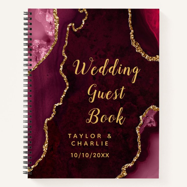 Red and Gold Agate Wedding Guest Book (Front)