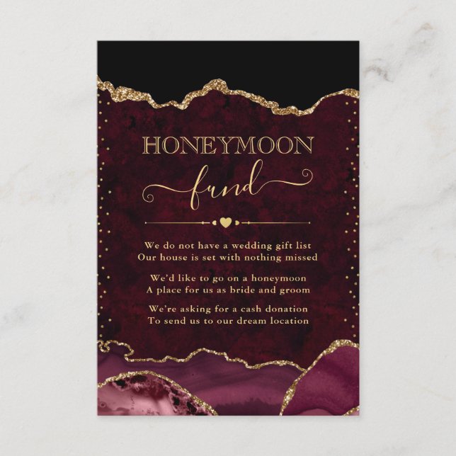 Red and Gold Agate Wedding Honeymoon Fund Enclosure Card (Front)