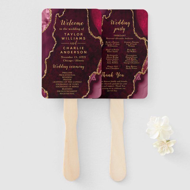 Red and Gold Agate Wedding Program Hand Fan (Front and Back)